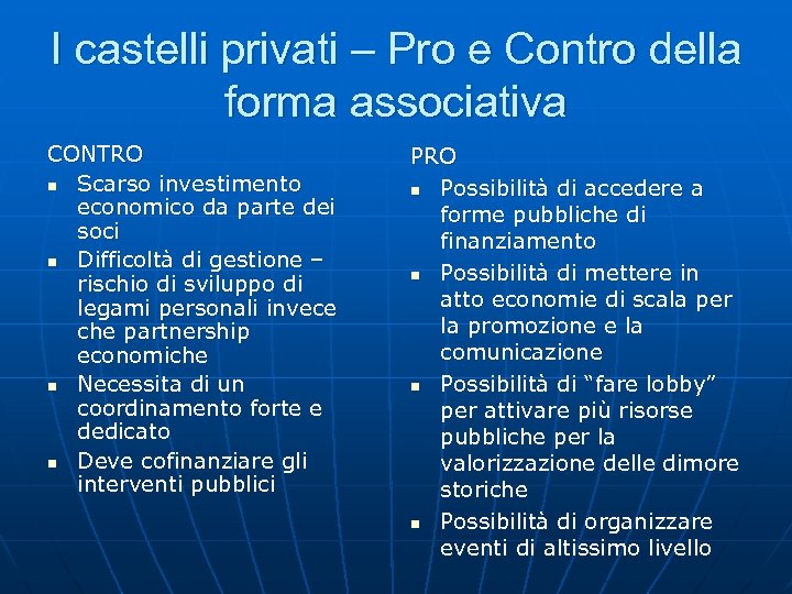 I castelli privati – Pro e Contro della forma associativa CONTRO n Scarso investimento