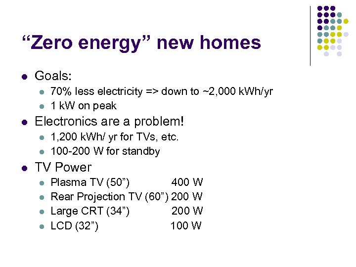 “Zero energy” new homes l Goals: l l l Electronics are a problem! l