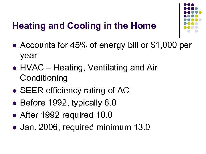 Heating and Cooling in the Home l l l Accounts for 45% of energy