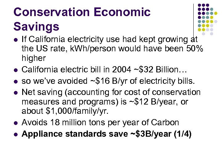 Conservation Economic Savings l l l If California electricity use had kept growing at