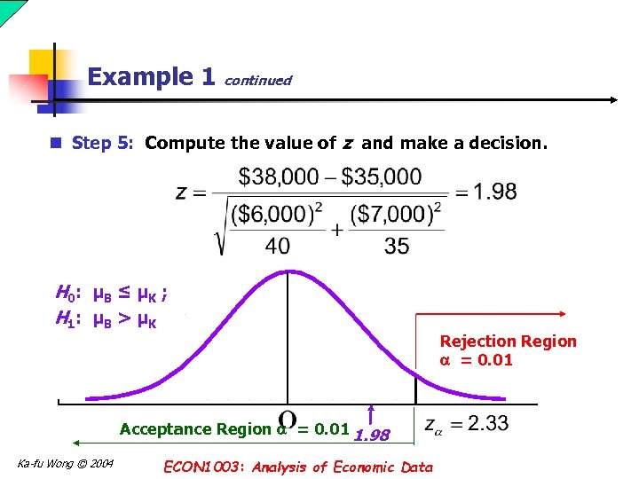 Example 1 continued n Step 5: Compute the value of z and make a