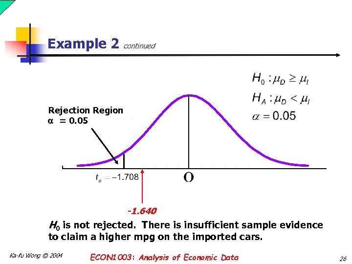 Example 2 continued Rejection Region = 0. 05 -1. 640 H 0 is not