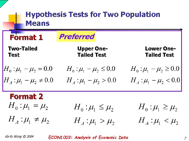 Hypothesis Tests for Two Population Means Format 1 Two-Tailed Test Preferred Upper One. Tailed