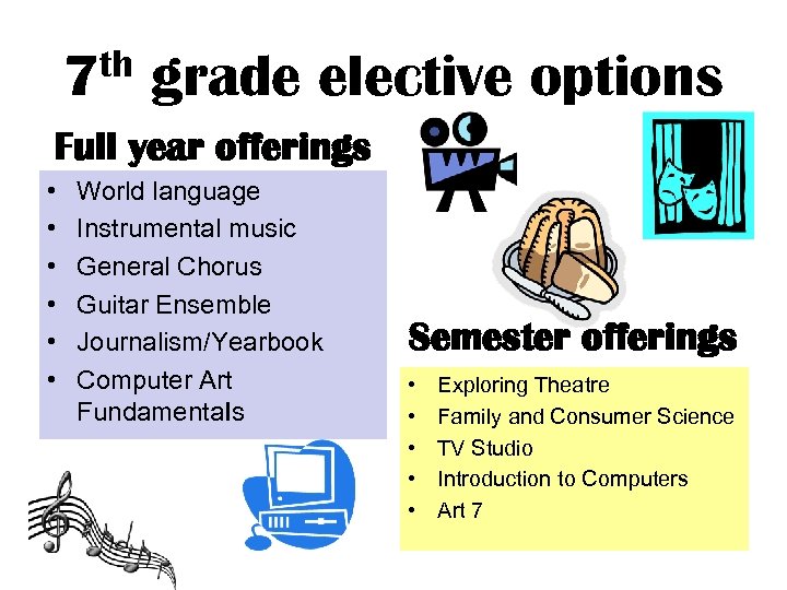th 7 grade elective options Full year offerings • • • World language Instrumental