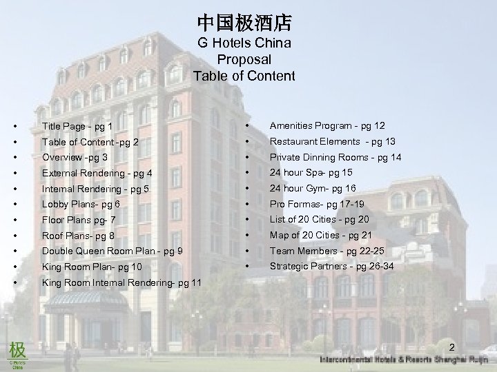 中国极酒店 G Hotels China Proposal Table of Content • Title Page - pg 1