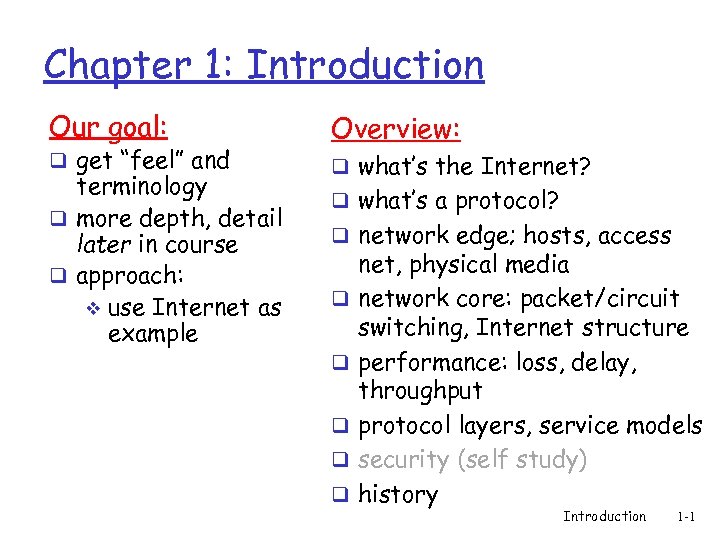Chapter 1: Introduction Our goal: q get “feel” and terminology q more depth, detail