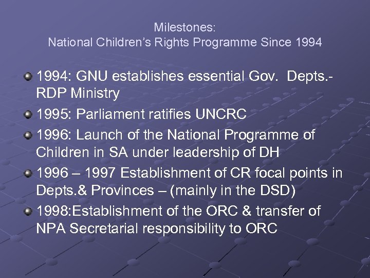 Milestones: National Children’s Rights Programme Since 1994: GNU establishes essential Gov. Depts. RDP Ministry