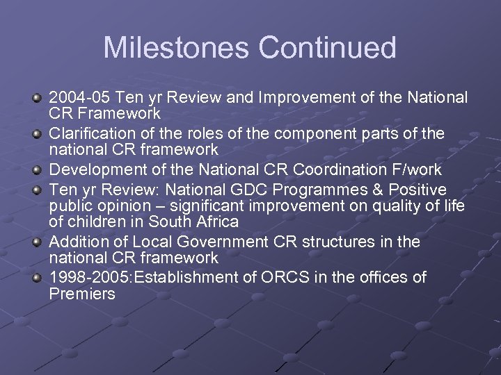 Milestones Continued 2004 -05 Ten yr Review and Improvement of the National CR Framework