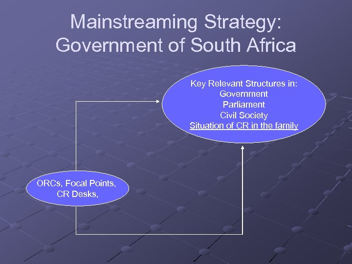Mainstreaming Strategy: Government of South Africa Key Relevant Structures in: Government Parliament Civil Society
