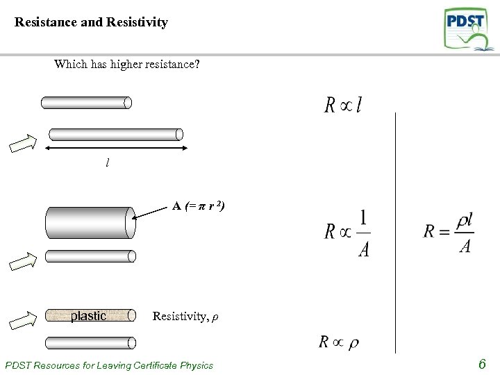 Resistance and Resistivity Which has higher resistance? l A (= π r 2) plastic