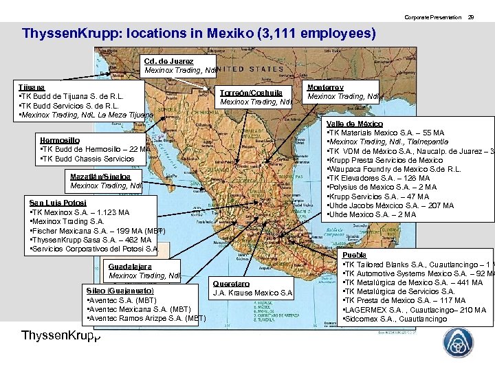 Corporate Presentation 28 Thyssen. Krupp: locations in Mexiko (3, 111 employees) Cd. de Juarez