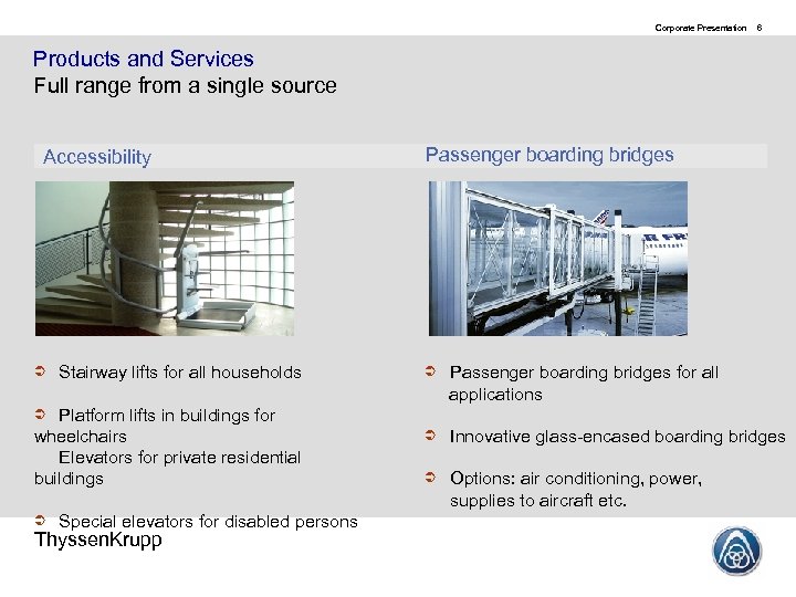 Corporate Presentation 6 Products and Services Full range from a single source Accessibility Stairway