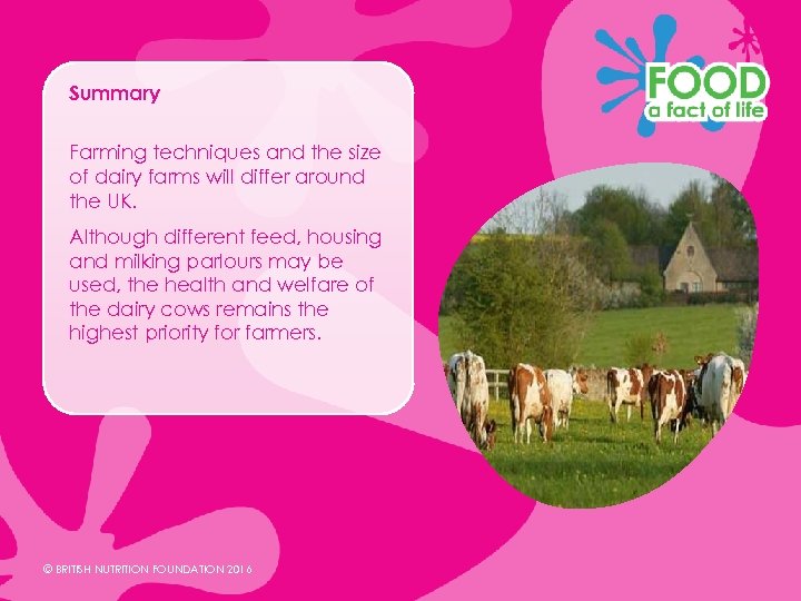 Summary Farming techniques and the size of dairy farms will differ around the UK.