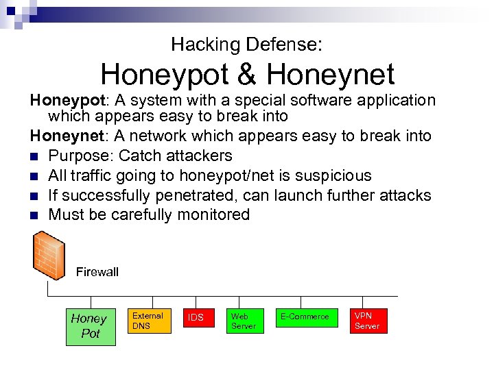 Hacking Defense: Honeypot & Honeynet Honeypot: A system with a special software application which