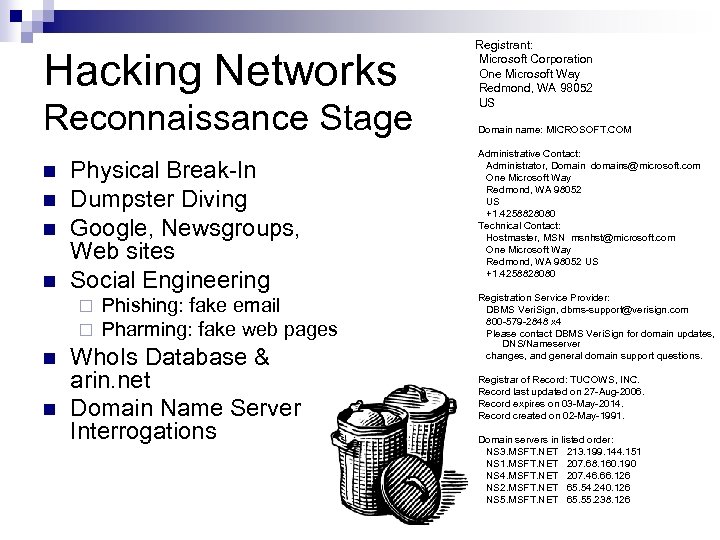 Hacking Networks Reconnaissance Stage n n Physical Break-In Dumpster Diving Google, Newsgroups, Web sites