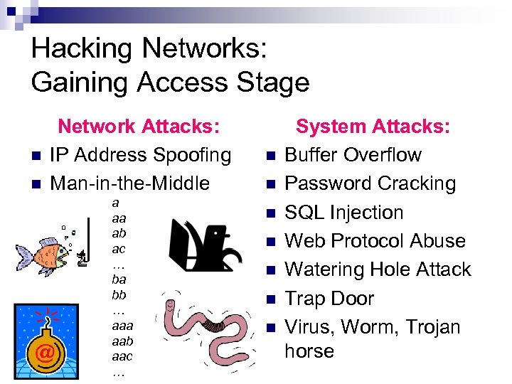 Hacking Networks: Gaining Access Stage n n Network Attacks: IP Address Spoofing Man-in-the-Middle a