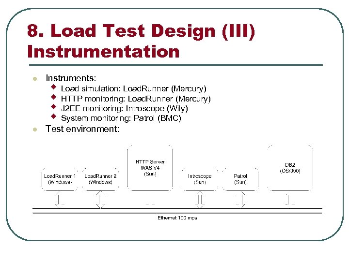 8. Load Test Design (III) Instrumentation l Instruments: l Test environment: w Load simulation: