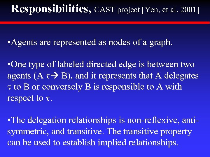 Responsibilities, CAST project [Yen, et al. 2001] • Agents are represented as nodes of