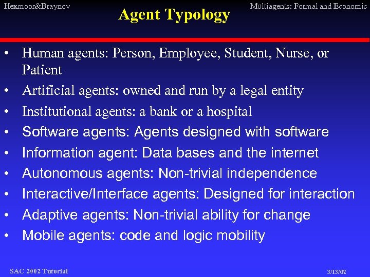 Hexmoor&Braynov Agent Typology Multiagents: Formal and Economic • Human agents: Person, Employee, Student, Nurse,