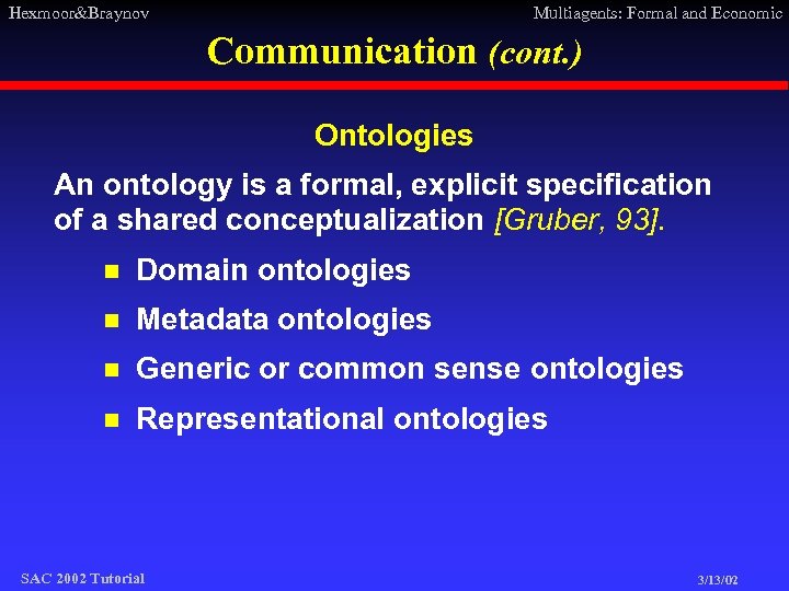 Hexmoor&Braynov Multiagents: Formal and Economic Communication (cont. ) Ontologies An ontology is a formal,
