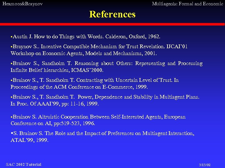 Hexmoor&Braynov Multiagents: Formal and Economic References §Austin J. How to do Things with Words.