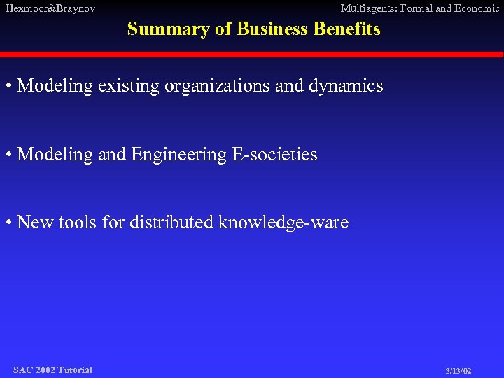 Hexmoor&Braynov Multiagents: Formal and Economic Summary of Business Benefits • Modeling existing organizations and