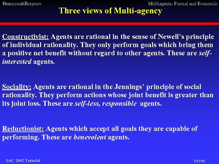 Hexmoor&Braynov Multiagents: Formal and Economic Three views of Multi-agency Constructivist: Agents are rational in