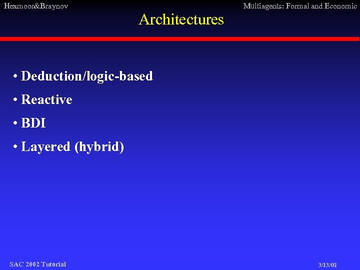 Hexmoor&Braynov Multiagents: Formal and Economic Architectures • Deduction/logic-based • Reactive • BDI • Layered