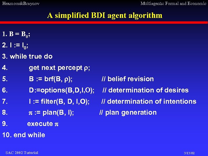 Hexmoor&Braynov Multiagents: Formal and Economic A simplified BDI agent algorithm 1. B = B