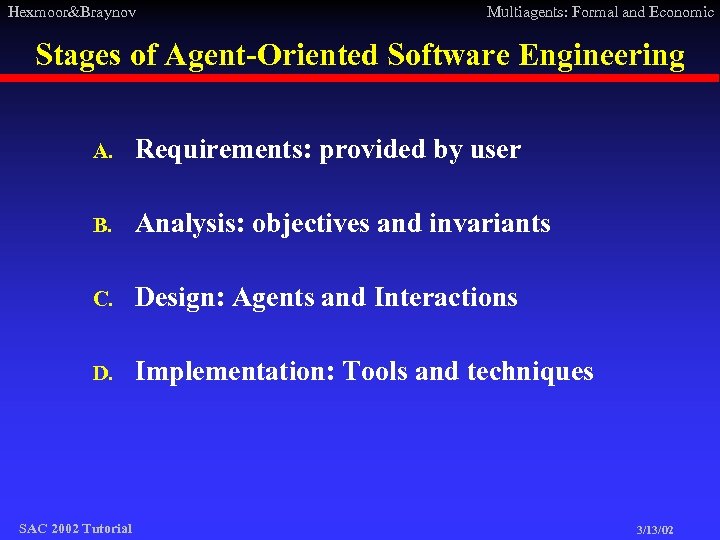 Hexmoor&Braynov Multiagents: Formal and Economic Stages of Agent-Oriented Software Engineering A. Requirements: provided by