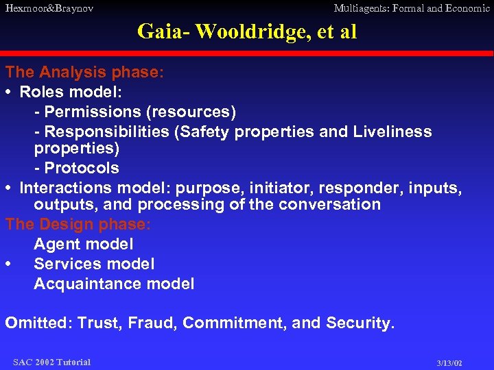 Hexmoor&Braynov Multiagents: Formal and Economic Gaia- Wooldridge, et al The Analysis phase: • Roles