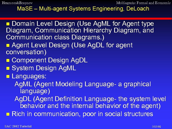 Hexmoor&Braynov Multiagents: Formal and Economic Ma. SE – Multi-agent Systems Engineering, De. Loach Domain