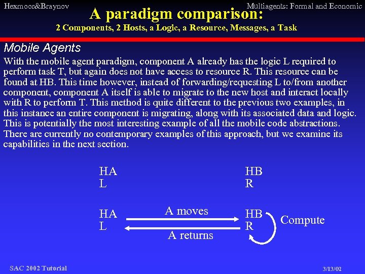 Hexmoor&Braynov Multiagents: Formal and Economic A paradigm comparison: 2 Components, 2 Hosts, a Logic,