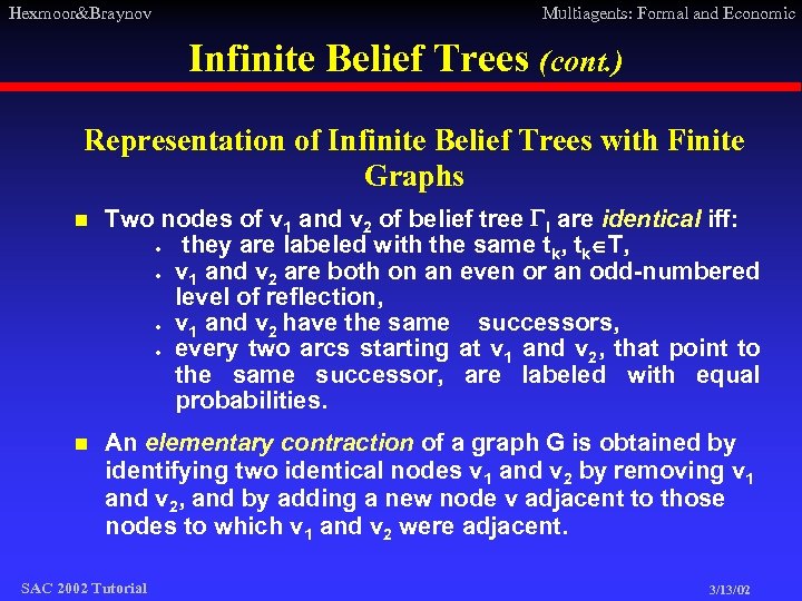 Hexmoor&Braynov Multiagents: Formal and Economic Infinite Belief Trees (cont. ) Representation of Infinite Belief