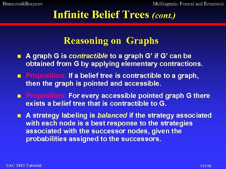 Hexmoor&Braynov Multiagents: Formal and Economic Infinite Belief Trees (cont. ) Reasoning on Graphs n