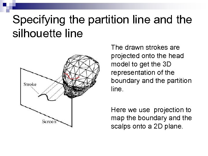 Specifying the partition line and the silhouette line The drawn strokes are projected onto