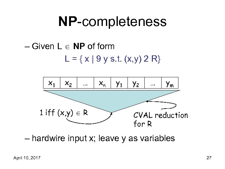 NP-completeness – Given L NP of form L = { x | 9 y