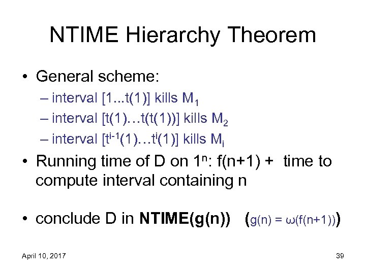 NTIME Hierarchy Theorem • General scheme: – interval [1. . . t(1)] kills M