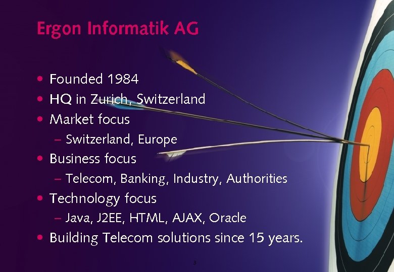 Ergon Informatik AG • Founded 1984 • HQ in Zurich, Switzerland • Market focus