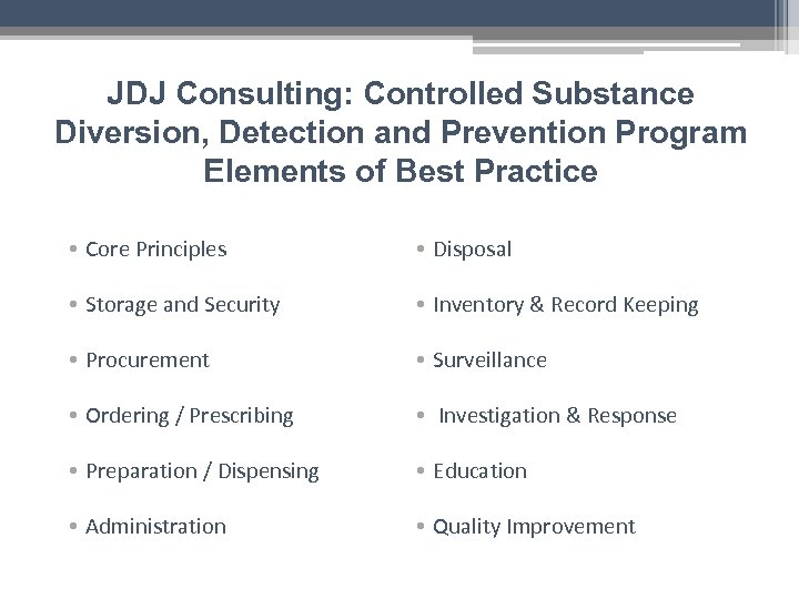 JDJ Consulting: Controlled Substance Diversion, Detection and Prevention Program Elements of Best Practice •