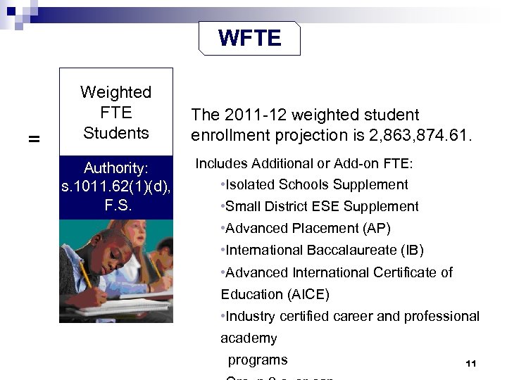 WFTE = Weighted FTE Students Authority: s. 1011. 62(1)(d), F. S. The 2011 -12
