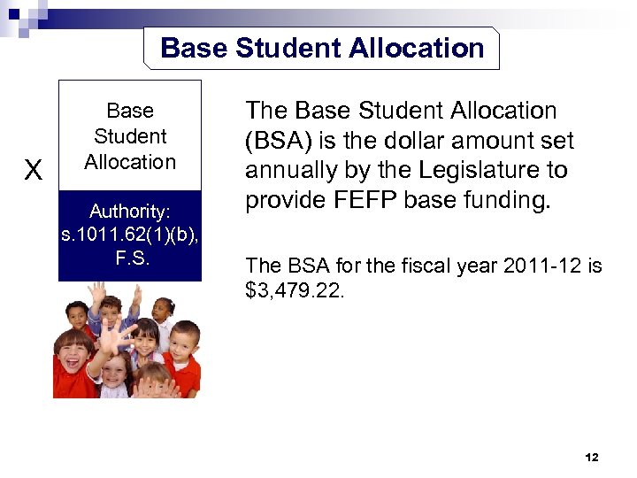 Base Student Allocation X Base Student Allocation Authority: s. 1011. 62(1)(b), F. S. The