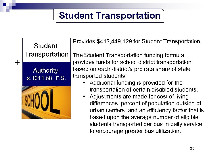 Student Transportation Provides $415, 449, 129 for Student Transportation. + Student Transportation The Student