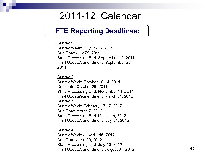 2011 -12 Calendar FTE Reporting Deadlines: Survey 1 Survey Week: July 11 -15, 2011