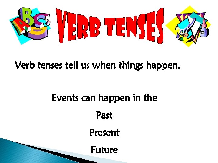 Verb tenses tell us when things happen. Events can happen in the Past Present