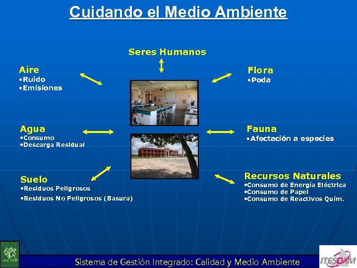 Cuidando el Medio Ambiente Seres Humanos Aire Flora Agua Fauna Suelo Recursos Naturales •