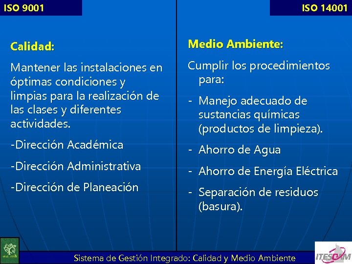 ISO 9001 ISO 14001 Calidad: Medio Ambiente: Mantener las instalaciones en óptimas condiciones y
