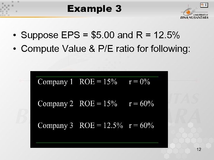 Example 3 • Suppose EPS = $5. 00 and R = 12. 5% •