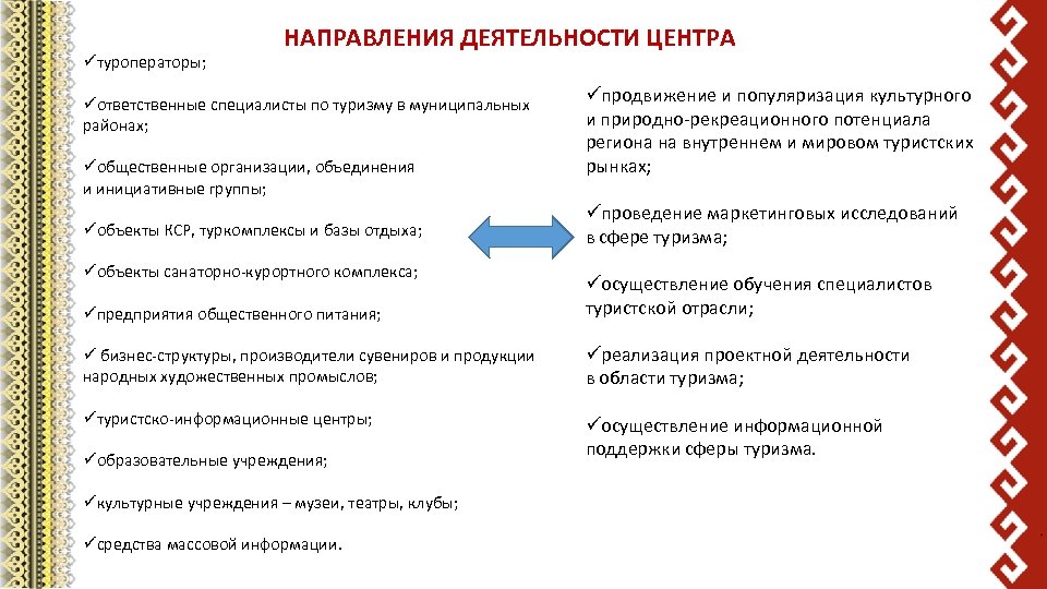üтуроператоры; НАПРАВЛЕНИЯ ДЕЯТЕЛЬНОСТИ ЦЕНТРА üответственные специалисты по туризму в муниципальных реализация туристских проектов. районах;