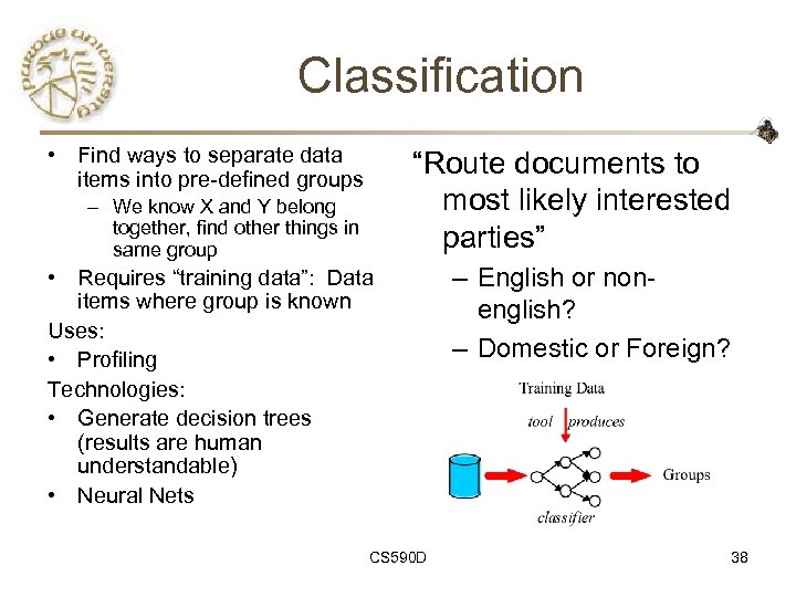 Classification • Find ways to separate data items into pre-defined groups “Route documents to